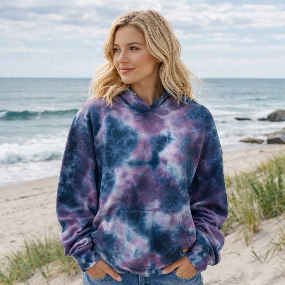 Aviator Nation Hand Tie‎ Dyed Blue Purple Pullover Hoodie Coastal Surf Cozy S